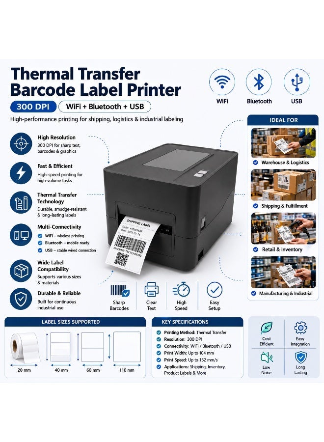 HT Thermal Transfer Barcode Label Printer with ribbon 300DPI Thermal Printer WiFi Bluetooth USB for Logistics Shipping HT-500 - Image 4