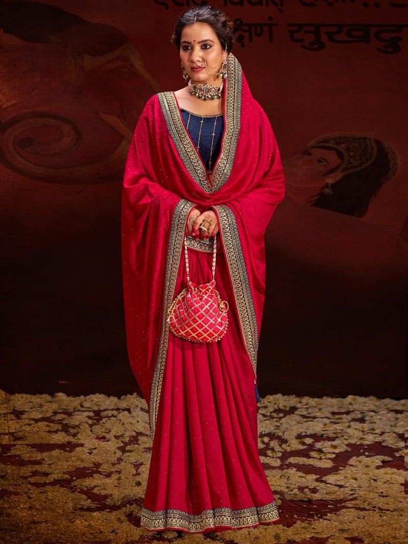 SAREE MALL Women's Pink Vichitra Silk Embroidered Saree with Unstitched Blouse Piece(AYUSHI4006_SUM) - Image 2