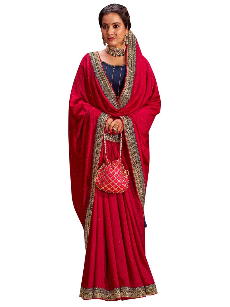 SAREE MALL Women's Pink Vichitra Silk Embroidered Saree with Unstitched Blouse Piece(AYUSHI4006_SUM) - Image 1