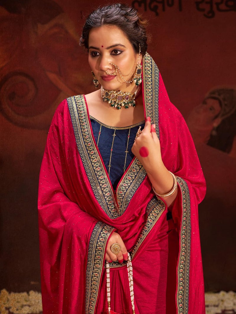 SAREE MALL Women's Pink Vichitra Silk Embroidered Saree with Unstitched Blouse Piece(AYUSHI4006_SUM) - Image 3