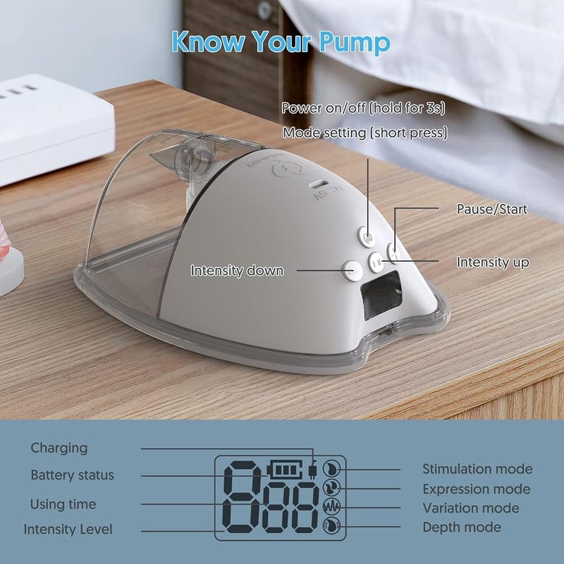 Bellababy Hands-Free Breast Pump Wearable with Storage Box, LED Display Electric Breast Pump Wireless Portable, 4 Modes & 9 Levels Suction, Compact & Discreet, Grey. (24mm Flange, 21/19/17mm inserts) - Image 5