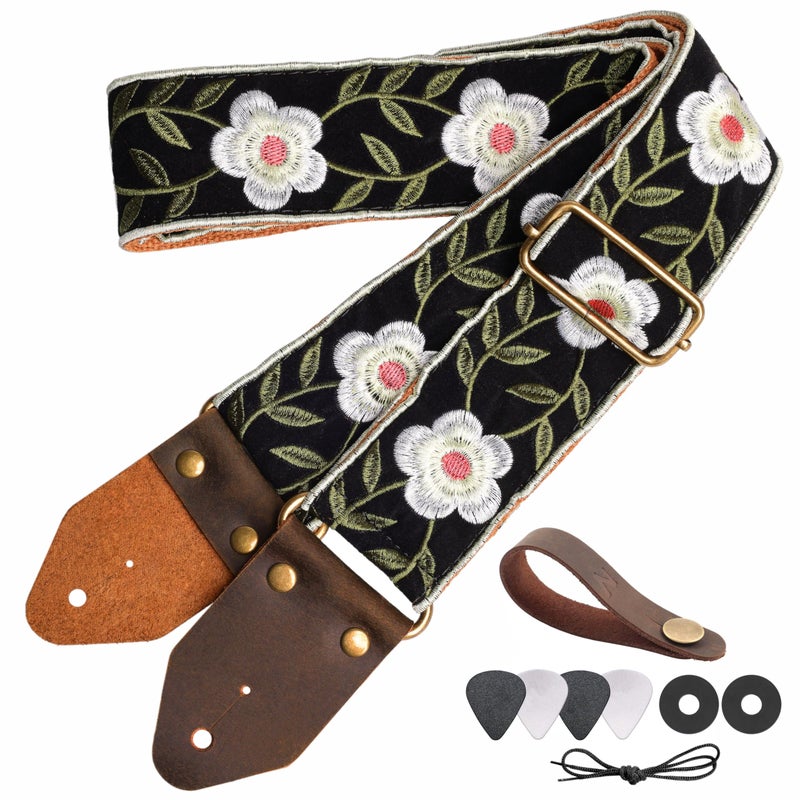 Nefelibata Guitar Strap,Crazy Horse Leather Jacquard Embroidery Cotton Guitar Straps for Bass, Electric & Acoustic, Best Gifts for Guitarists(Retro White Petals) - Image 1