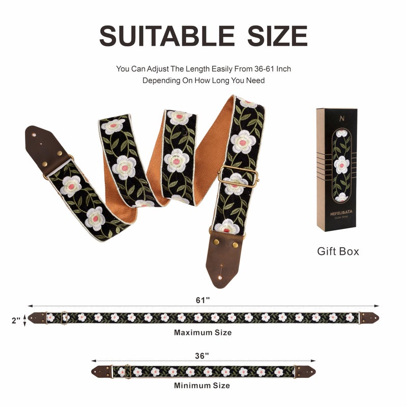 Nefelibata Guitar Strap,Crazy Horse Leather Jacquard Embroidery Cotton Guitar Straps for Bass, Electric & Acoustic, Best Gifts for Guitarists(Retro White Petals) - Image 5