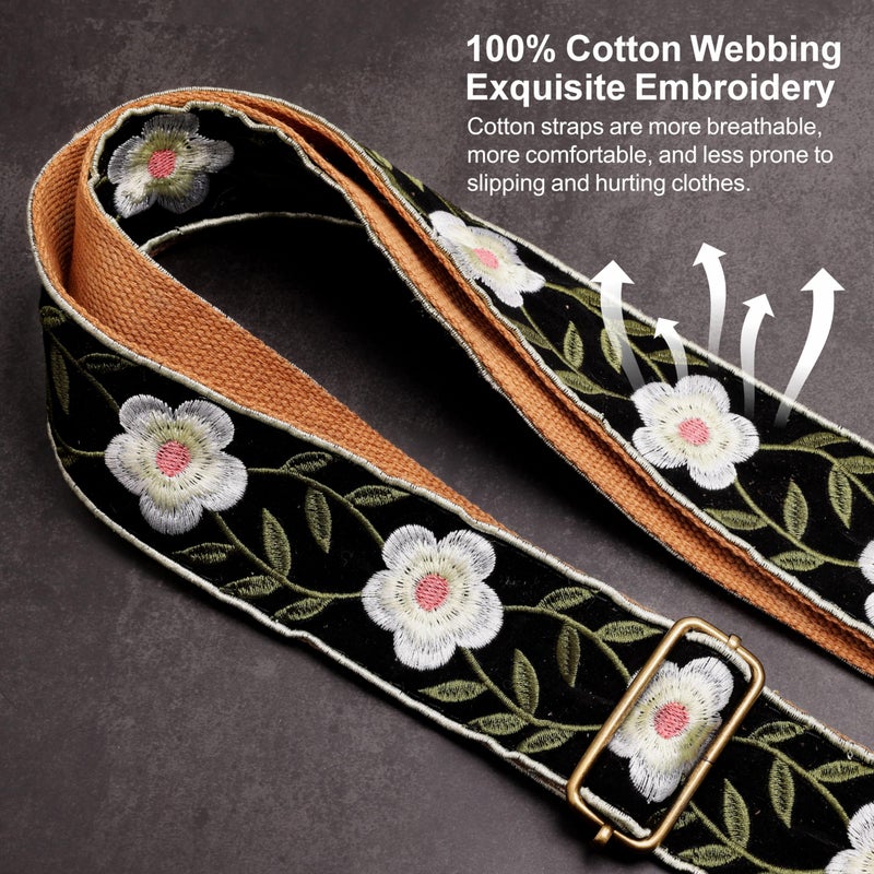 Nefelibata Guitar Strap,Crazy Horse Leather Jacquard Embroidery Cotton Guitar Straps for Bass, Electric & Acoustic, Best Gifts for Guitarists(Retro White Petals) - Image 4