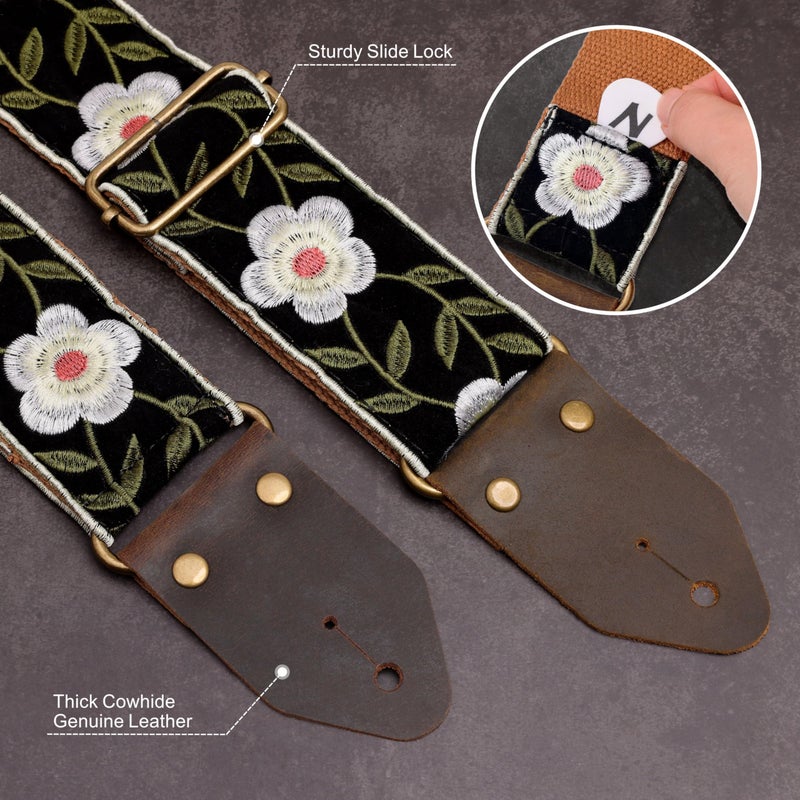 Nefelibata Guitar Strap,Crazy Horse Leather Jacquard Embroidery Cotton Guitar Straps for Bass, Electric & Acoustic, Best Gifts for Guitarists(Retro White Petals) - Image 3
