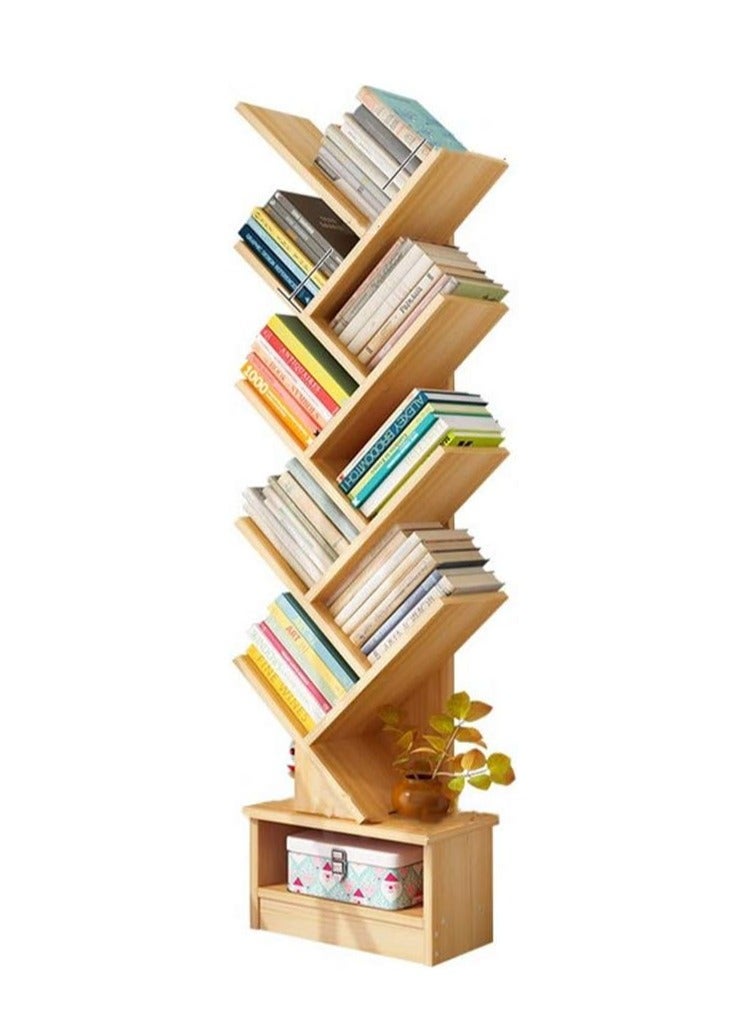ARNOTEC Tree Bookshelf with Drawer, 10 Shelf Rustic, Retro Wood Storage Rack for CDs/Movies/Books, Ladder Shelf, Utility Organizer Shelves for Living Room, Bedroom, Home Office  - Image 1