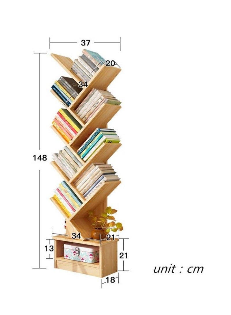 ARNOTEC Tree Bookshelf with Drawer, 10 Shelf Rustic, Retro Wood Storage Rack for CDs/Movies/Books, Ladder Shelf, Utility Organizer Shelves for Living Room, Bedroom, Home Office  - Image 2