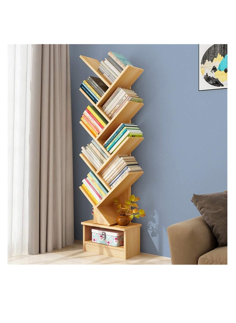 ARNOTEC Tree Bookshelf with Drawer, 10 Shelf Rustic, Retro Wood Storage Rack for CDs/Movies/Books, Ladder Shelf, Utility Organizer Shelves for Living Room, Bedroom, Home Office  - Image 4