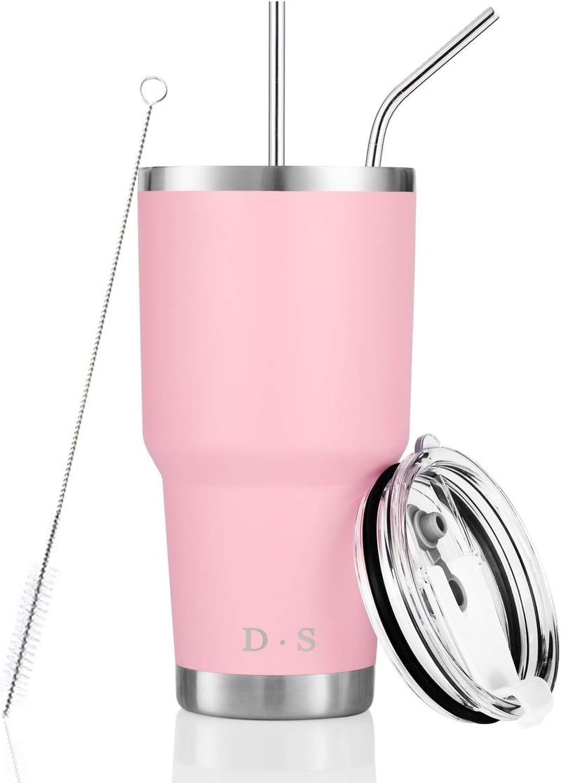 DS 30 oz Pink Tumbler Stainless Steel Double Wall Vacuum Insulated Mug with Straw and Lid, Cleaning Brush for Cold and Hot Beverages (30oz Pink) - Image 1