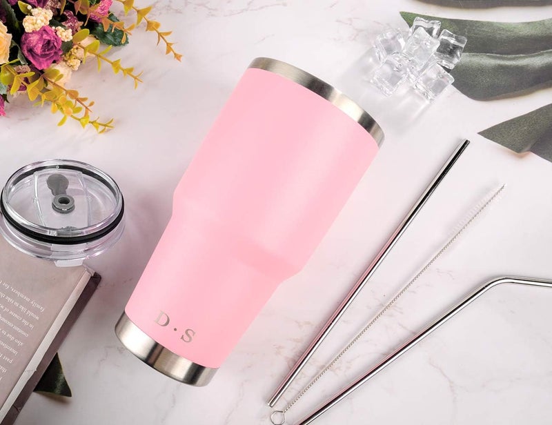 DS 30 oz Pink Tumbler Stainless Steel Double Wall Vacuum Insulated Mug with Straw and Lid, Cleaning Brush for Cold and Hot Beverages (30oz Pink) - Image 5