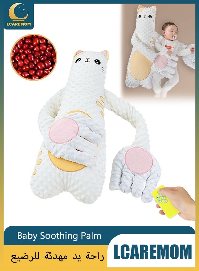 LCAREMOM Baby Soothing Palm, 3-Speed Adjustable Patting Sleeping Toy with Remote, Cute Animal Patting Pillow with Heating Pad, Anti-Flatulence Hugging Doll for Newborns & Infants – Cat-Shaped (White) - Image 1
