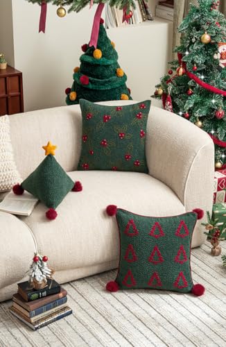 MOCOFO Christmas Throw Pillow Covers – Festive Boucle Embroidered Holiday Accent Cushions for Sofa Couch Bed Decor –18x18 Inch Square Designs (Covers Only) (Holly) - Image 5