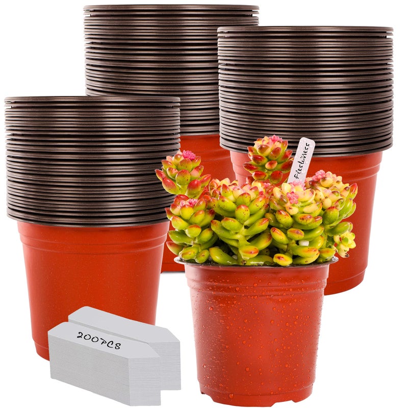 Tdhdike 6 Inch Plastic Plant Nursery Pot/Pots (200Pcs) With 200 Plant Labels - Red Seedling Flower Containers (Indoor/Outdoor) - Image 1