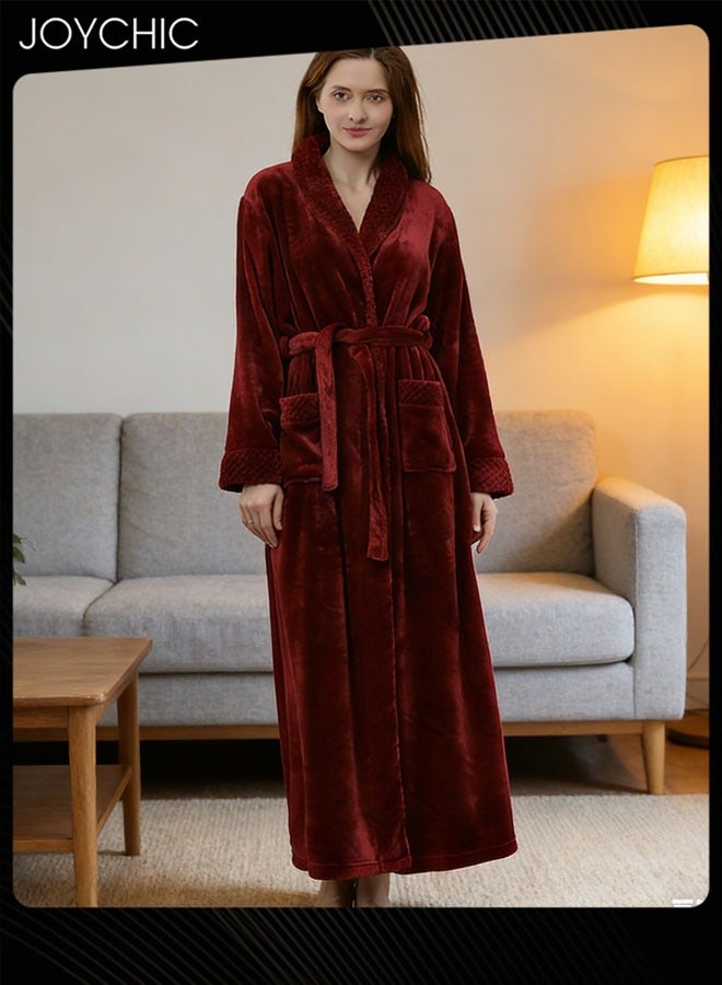 Joychic بيتزا السيدات بأسلوب جديد خريف وشتاء قميص نوم بأكمام طويلة فانیل سميك دافئ للحماية من الرياح رداء النوم للمنزل لون أحمر نبيذ - Image 1