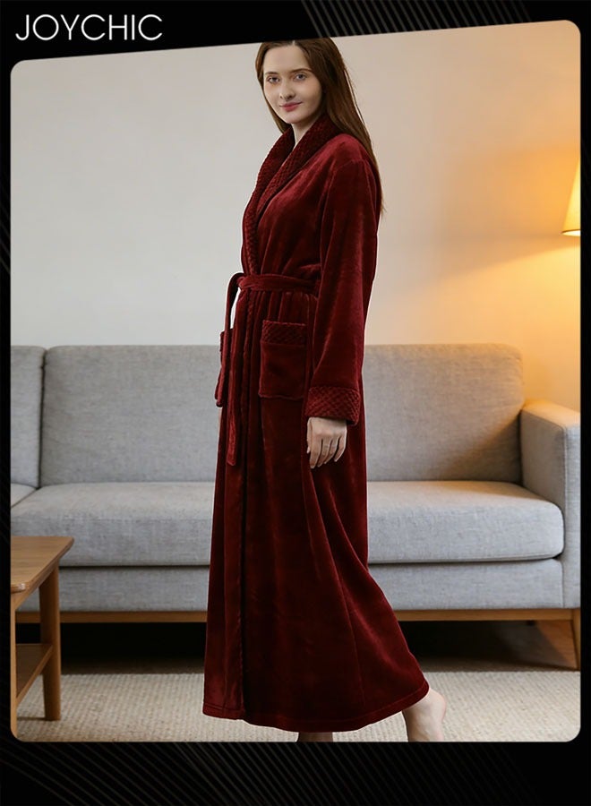 Joychic بيتزا السيدات بأسلوب جديد خريف وشتاء قميص نوم بأكمام طويلة فانیل سميك دافئ للحماية من الرياح رداء النوم للمنزل لون أحمر نبيذ - Image 2