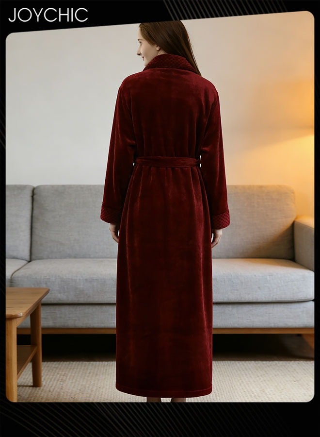 Joychic بيتزا السيدات بأسلوب جديد خريف وشتاء قميص نوم بأكمام طويلة فانیل سميك دافئ للحماية من الرياح رداء النوم للمنزل لون أحمر نبيذ - Image 3