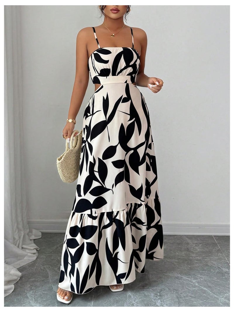 OYOANGLE Women's Cut Out Floral Print Tropical Maxi Cami Dress Ruffle Flowy Summer Vacation Spaghetti Strap Sundress Beige and Black Small - Image 2