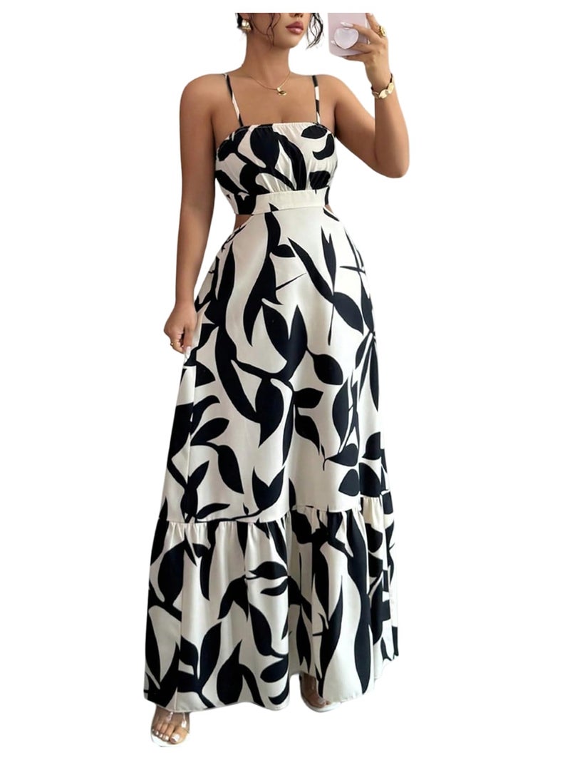 OYOANGLE Women's Cut Out Floral Print Tropical Maxi Cami Dress Ruffle Flowy Summer Vacation Spaghetti Strap Sundress Beige and Black Small - Image 1