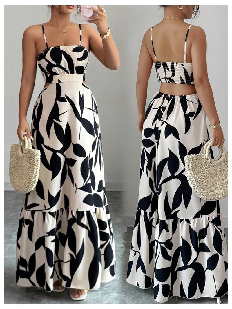 OYOANGLE Women's Cut Out Floral Print Tropical Maxi Cami Dress Ruffle Flowy Summer Vacation Spaghetti Strap Sundress Beige and Black Small - Image 5