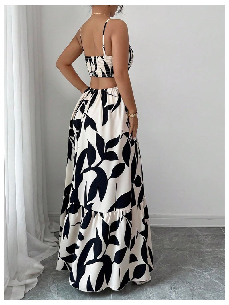 OYOANGLE Women's Cut Out Floral Print Tropical Maxi Cami Dress Ruffle Flowy Summer Vacation Spaghetti Strap Sundress Beige and Black Small - Image 3