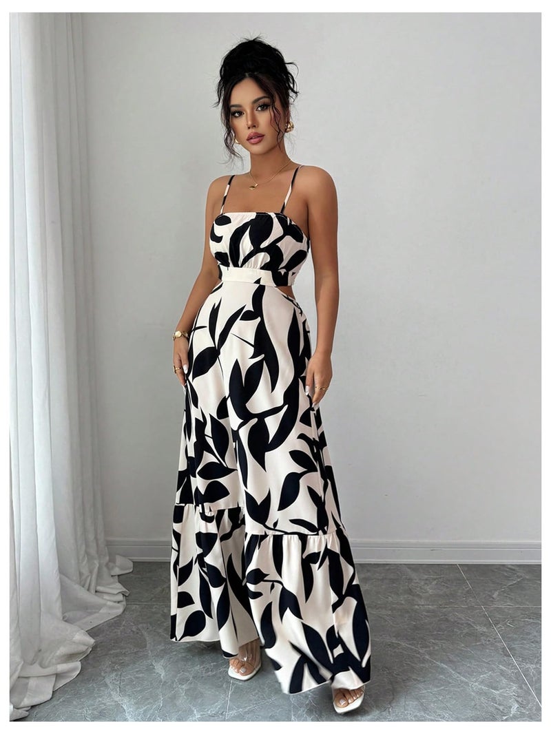 OYOANGLE Women's Cut Out Floral Print Tropical Maxi Cami Dress Ruffle Flowy Summer Vacation Spaghetti Strap Sundress Beige and Black Small - Image 4