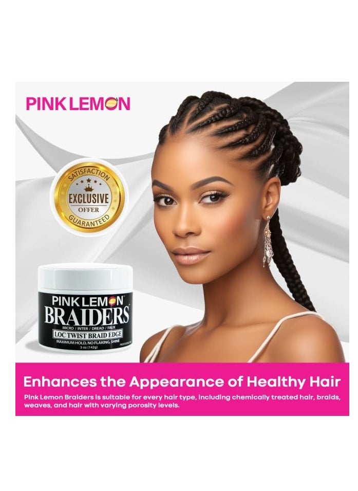 PINK LEMON Braiding Gel (5 oz) - Maximum Hold, No Flaking, Long Lasting Hold, High Shine. For Micro, Inter, Dread, Faux, Loc, Twist, Braid, Edge.