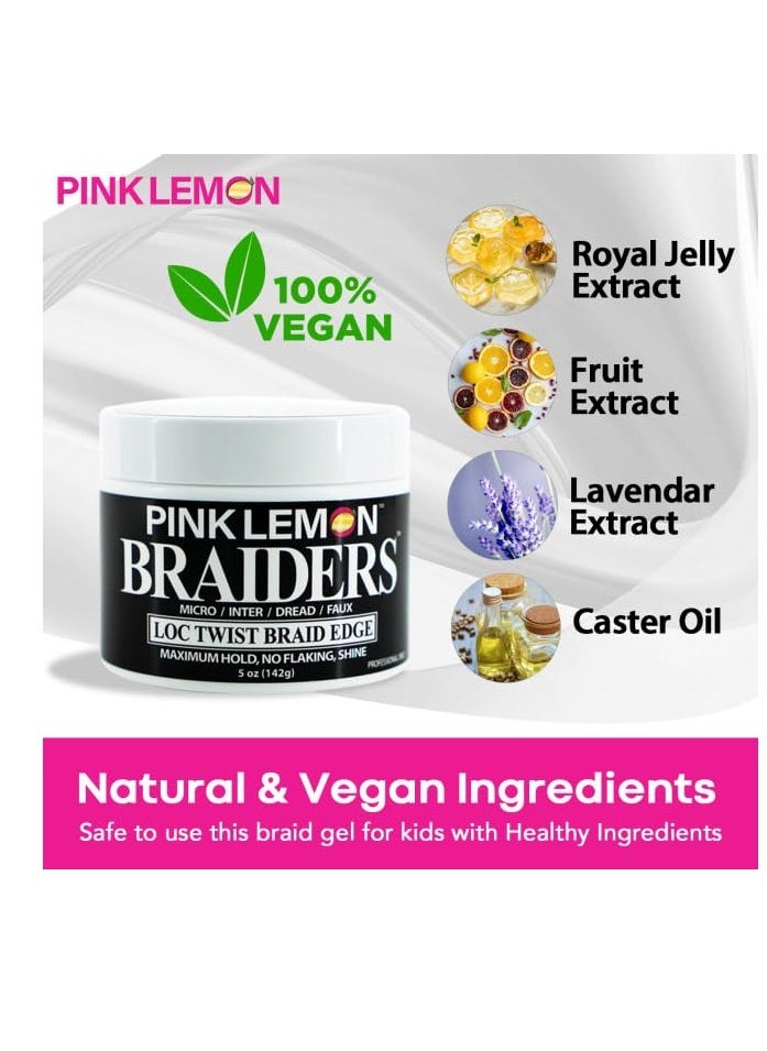 PINK LEMON Braiding Gel (5 oz) - Maximum Hold, No Flaking, Long Lasting Hold, High Shine. For Micro, Inter, Dread, Faux, Loc, Twist, Braid, Edge.