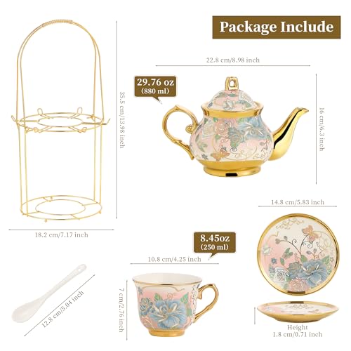 TATSUMI 20 Pieces Porcelain Tea Set With Metal Holder, European Ceramic tea set for adults,Flower Tea Set,Tea Set For Women With Flower Painting (VIVID YELLOW, Largr Vision) - Image 5