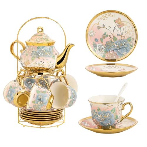 TATSUMI 20 Pieces Porcelain Tea Set With Metal Holder, European Ceramic tea set for adults,Flower Tea Set,Tea Set For Women With Flower Painting (VIVID YELLOW, Largr Vision) - Image 1
