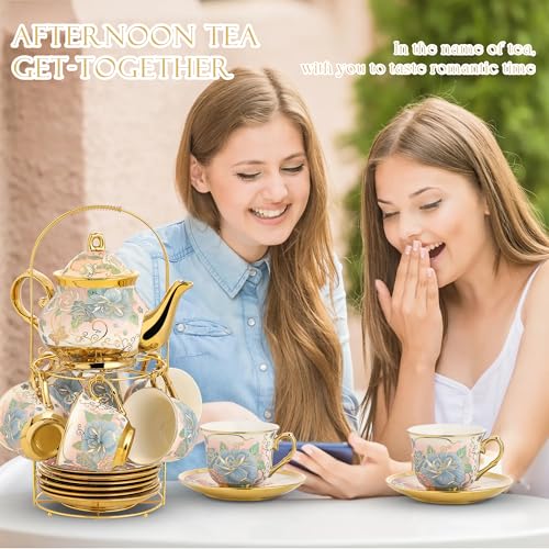 TATSUMI 20 Pieces Porcelain Tea Set With Metal Holder, European Ceramic tea set for adults,Flower Tea Set,Tea Set For Women With Flower Painting (VIVID YELLOW, Largr Vision) - Image 3