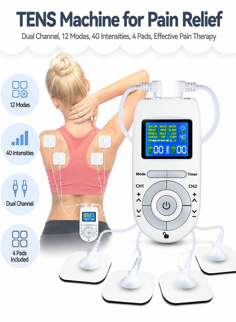 WALALLA Dual Channel TENS EMS Muscle Stimulator, 12 Modes and 40 Intensity Levels, Adjustable Timer, Portable Electric Pulse Massager with 4 Electrode Pads and 2 Cables for Muscle Relaxation, Battery Powered - Image 1