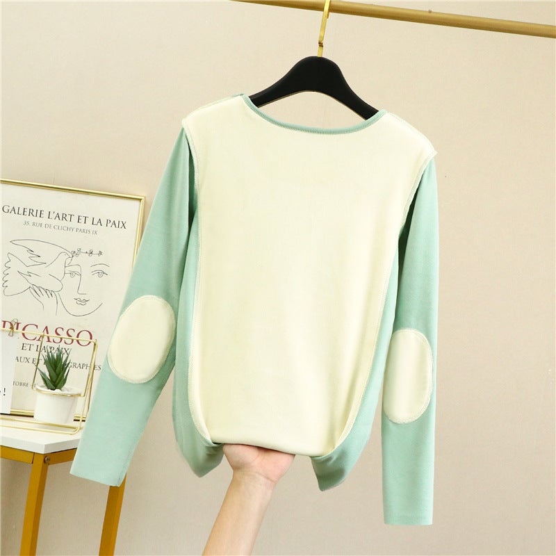 plus size womens seamless double-sided velvet thermal underwear womens fleece-lined thickened base shirt full patch middle-aged autumn clothing sky blue  - Image 5