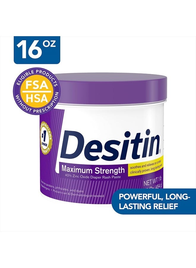 Desitin - Maximum Strength Baby Diaper Rash Cream with 40% Zinc Oxide for Treatment, Relief & Prevention, Hypoallergenic, Phthalate- & Paraben-Free Paste, 16 oz - Image 1