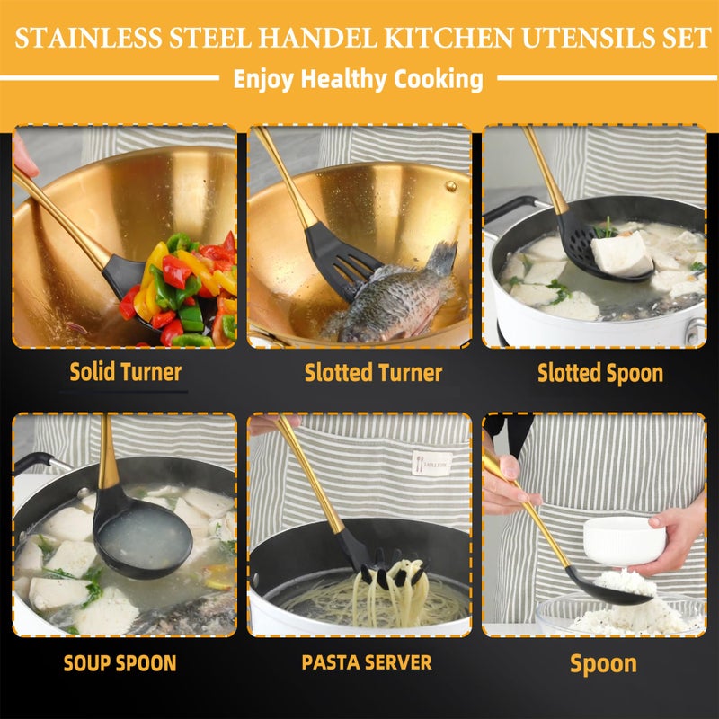QRU Kitchen Utensils Set, Large Non-stick Silicone Cooking Utensils Set 6 Pcs,Made of 446Â°F Heat Resistant Food Grade Silicone and Stainless Steel Handles,Easy to Clean Kitchen Gadgets Set (Gold) - Image 3