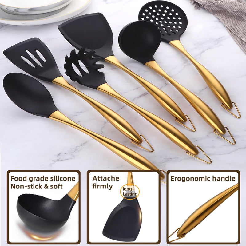 QRU Kitchen Utensils Set, Large Non-stick Silicone Cooking Utensils Set 6 Pcs,Made of 446Â°F Heat Resistant Food Grade Silicone and Stainless Steel Handles,Easy to Clean Kitchen Gadgets Set (Gold) - Image 2