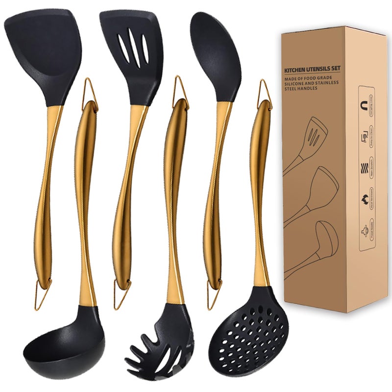 QRU Kitchen Utensils Set, Large Non-stick Silicone Cooking Utensils Set 6 Pcs,Made of 446Â°F Heat Resistant Food Grade Silicone and Stainless Steel Handles,Easy to Clean Kitchen Gadgets Set (Gold) - Image 1