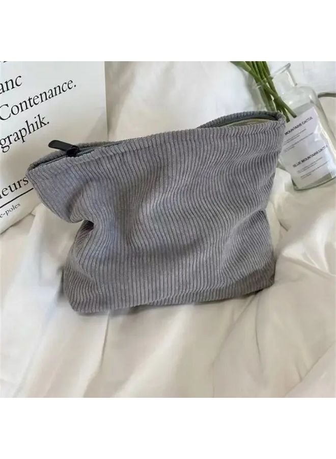 Grey Corduroy Multifunctional Large Capacity Travel Makeup Bag With Zipper Pouch For Cosmetics - Image 3