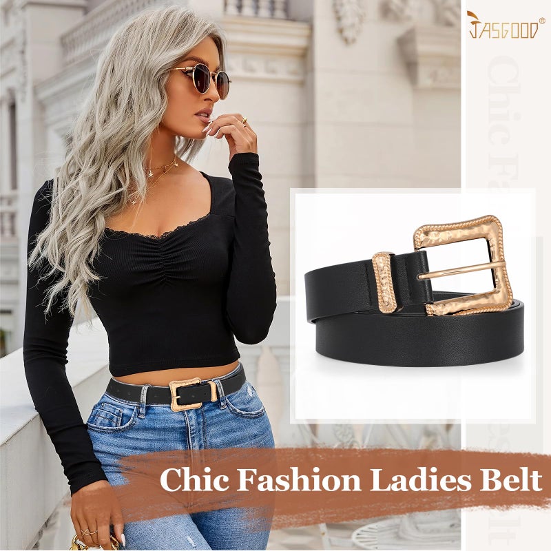 JASGOOD Plus Size Women's Leather Belt for Jeans Pants, Fashion Ladies Waist Belt with Gold Buckle (Black, Fit waist size 23''-29'') - Image 5
