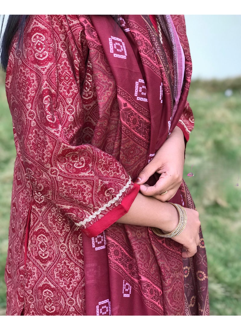 إنزو بلس بدلة سلوار كاميز مخيطة مع شال (دوبتة)  - Image 2