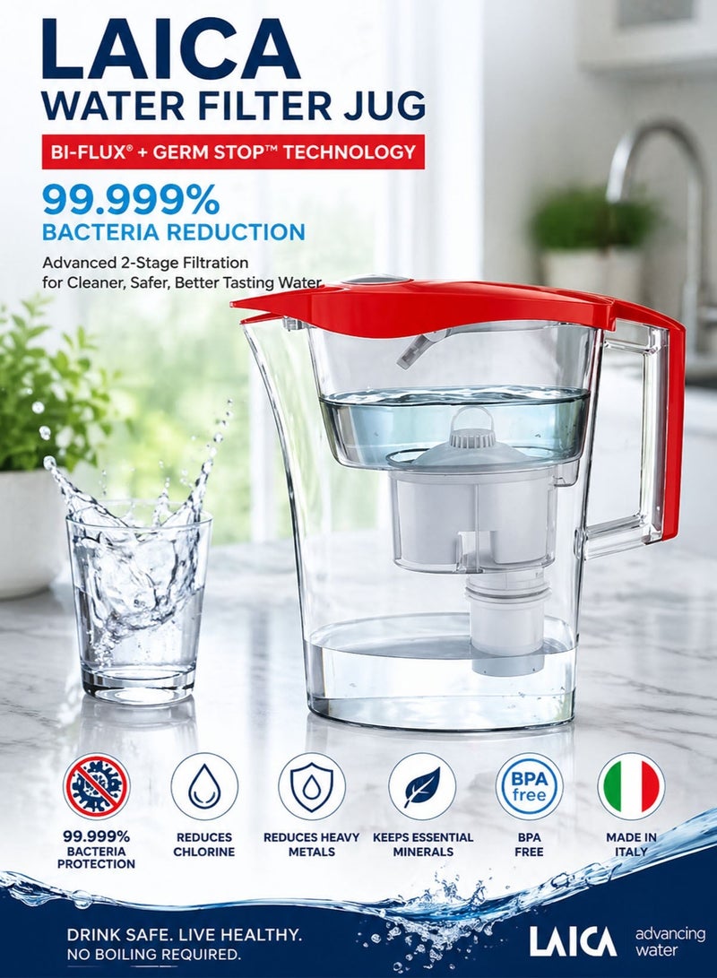 LAICA Water Filter Jug 2.3L Bi Flux and Germ STOP Technology Water Purifier Pitcher 99.999 Percent Bacteria Reduction Chlorine Heavy Metal Removal BPA Free Safe Drinking Water Made in Italy Kitchen Water Filtration System - Image 1