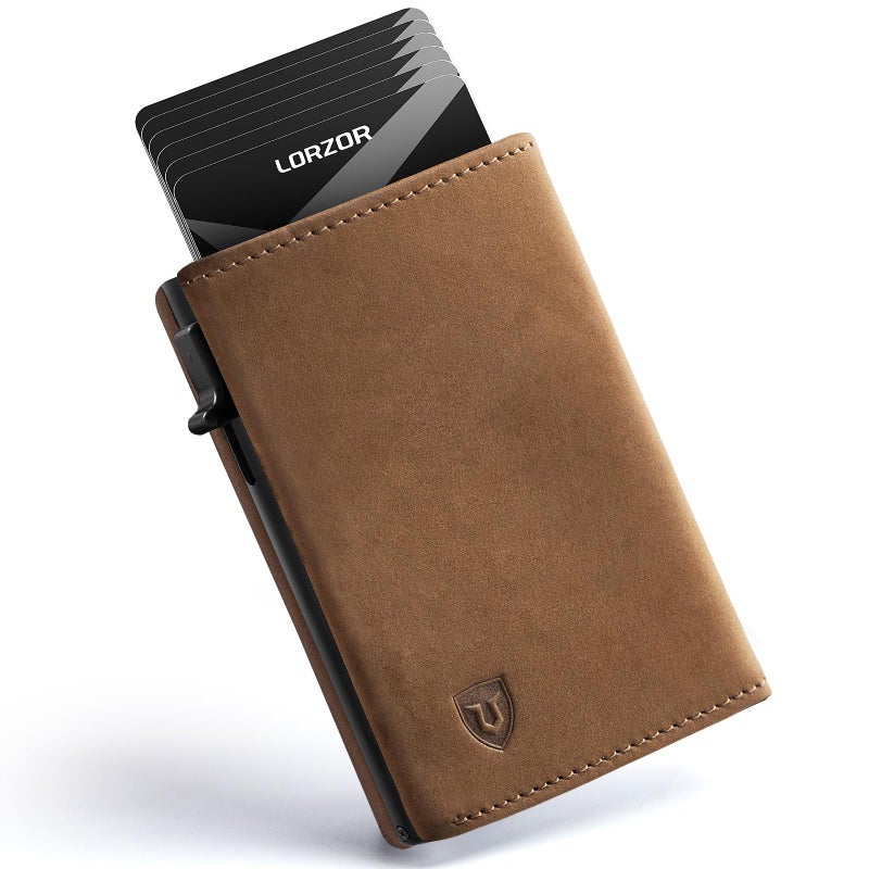 LORZOR Wallet for Men with Metal Card Holder, Pop Up Wallet, Finest Full Grain Leather Trifold Wallet, Smart, Minimalist, RFID Blocking, Front Pocket, ID Window - Image 1
