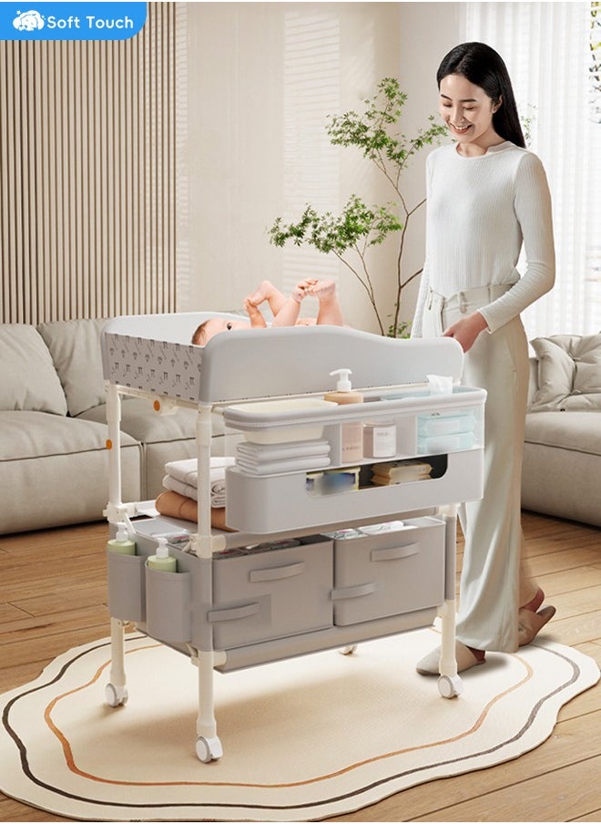 Soft Touch - Diaper Changing Table with Wheels Baby Changing Station Nursery Organizer for Newborns Changing Table with Drawers Strengthen Structure and Adjustable Height - Image 1