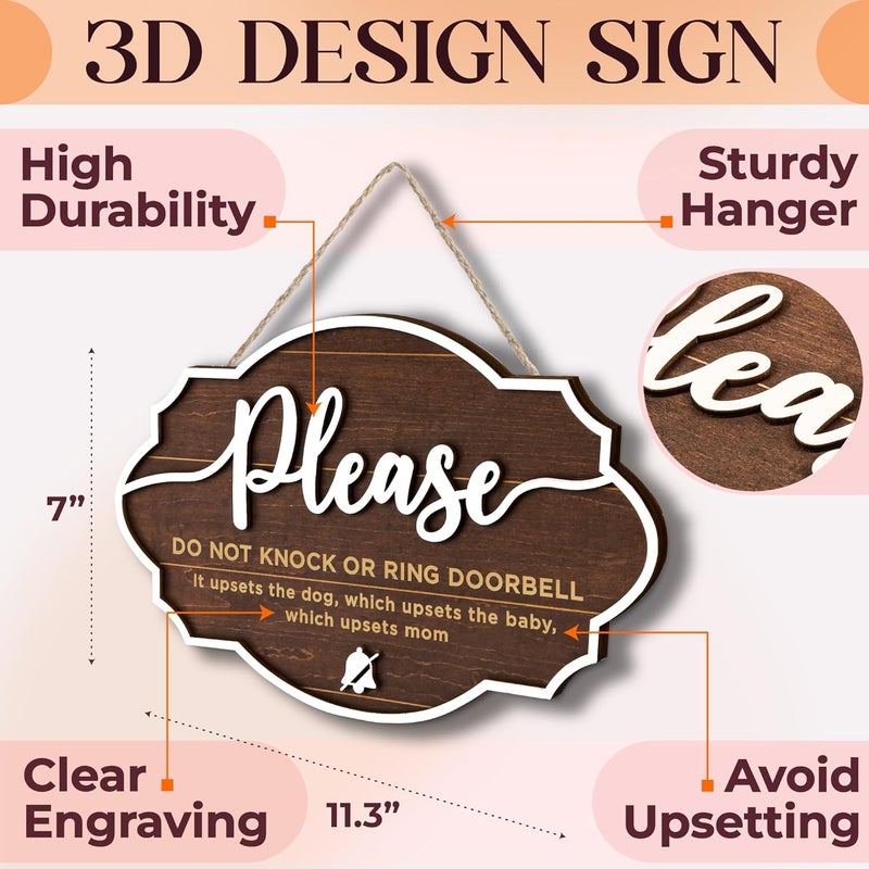 WOODAMORE لا تقم بالرنين جرس الباب علامة الطفل نائم من فضلك لا تقم بالطرق أو الرنين جرس الباب علامة عدم الإزعاج الطفل نائم علامة للباب الأمامي شش لا تقم بالرنين جرس الباب علامة لا تقم بالطرق علامة حامل - Image 2