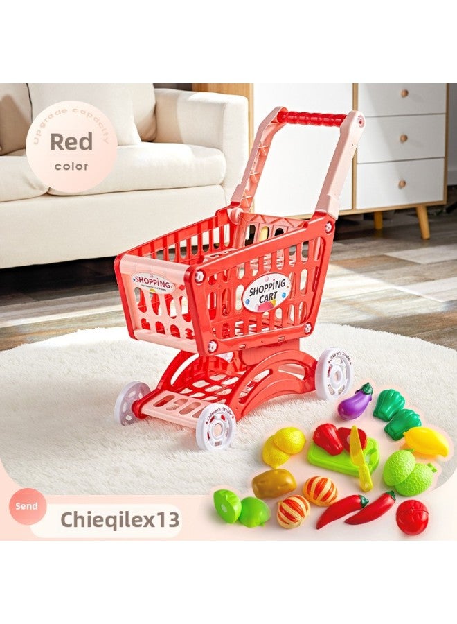 Children's Shopping Cart Toy Trolley Fruit And Vegetable Cutting Music Suit Toy Storage Baby Simulation Shopping Cart-Color:Red Shopping Cart + Cut - Image 1