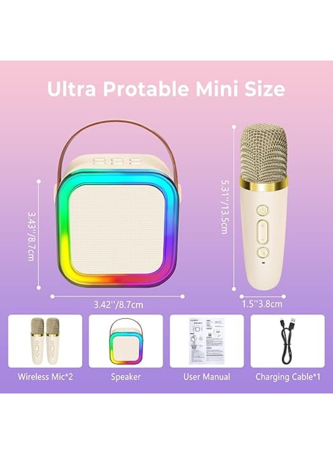 Kids Karaoke Machine, Portable Bluetooth Speaker with 2 Wireless Microphone for Kids, Music Toys Gifts for Girls 4, 5, 6, 7, 8, 9, 10 +Year Old (Beige) - Image 2