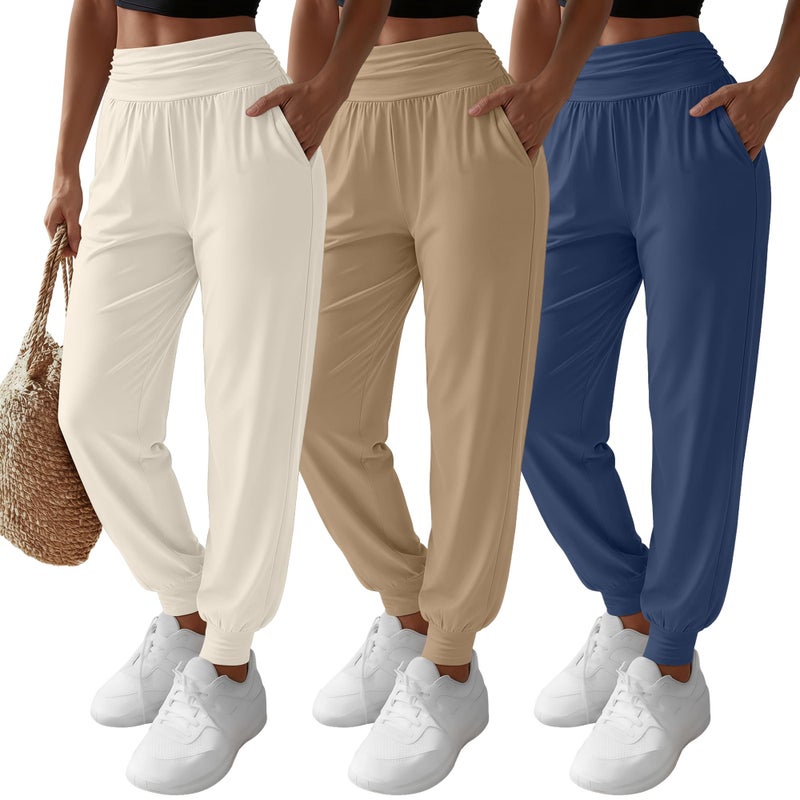 Ficerd 3 Pack Women's Lounge Pants, Cozy Yoga Joggers with Pockets High Waisted Workout Sweatpants Lightweight Comfy Pants(X-Large,Denim Blue, Khaki, Cream) - Image 1