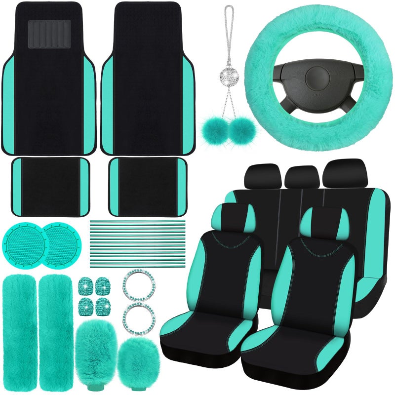 Woanger 47 Car Seat Cover Full Set for Women Included Car Front Rear Seat Fluffy Steering Wheel Cover Belt Automotive Floor Mats Air Conditioner Decoration Strip UniversalMint Green