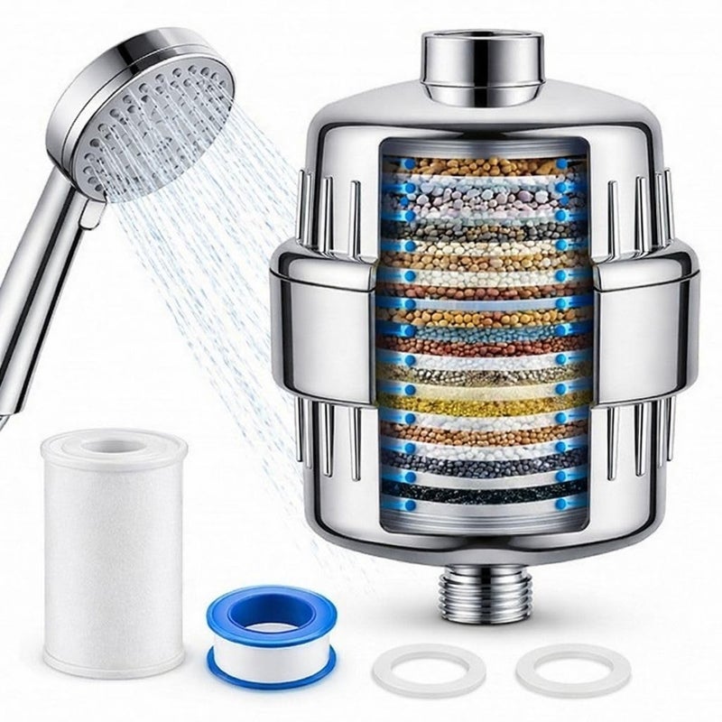 20 - stage of daily shower filter enriched vitamin C & E improves skin, hair & nails health luxury design chrome plated high water pressure for bathroom & kitchen safe for fruits & vegetables wash