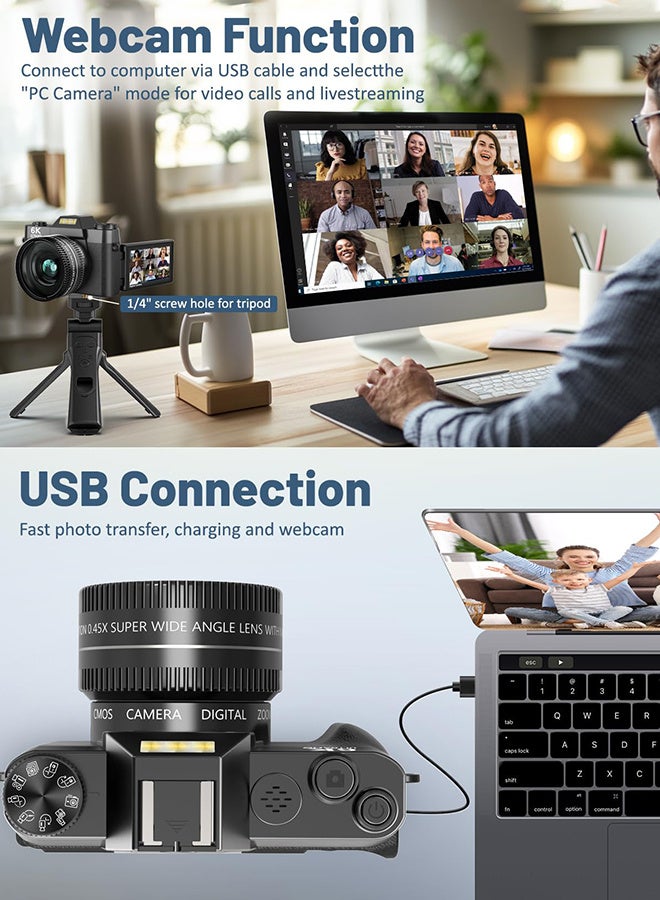 6K Digital Camera 3.0-inch IPS screen for Photography Video Autofocus, 52MM Lens, Anti-Shake 64MP YouTube Vlogging Camera 180°Flip Screen WiFi Camera with Flash, Autofocus, With lens, with 128G TF C - Image 5