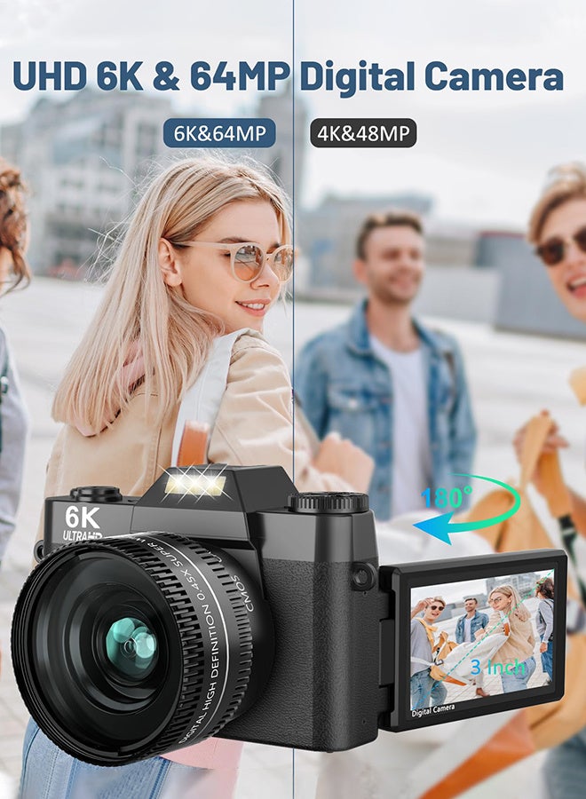 6K Digital Camera 3.0-inch IPS screen for Photography Video Autofocus, 52MM Lens, Anti-Shake 64MP YouTube Vlogging Camera 180°Flip Screen WiFi Camera with Flash, Autofocus, With lens, with 128G TF C - Image 3